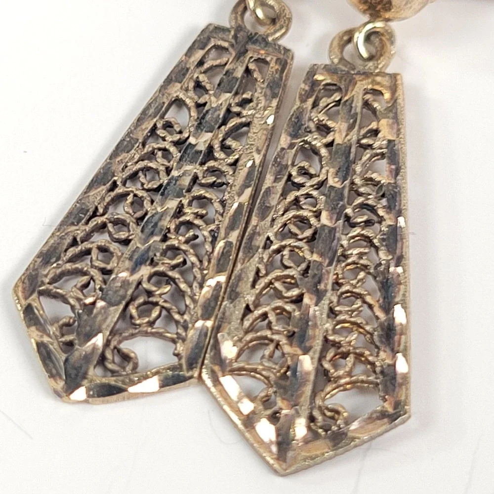 Gold Vermeil 925 Dangle Earrings Rectangular Filigree Drop Geometric Jewelry‎